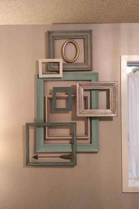 Picture Frame Cluster, Empty Frames On Wall Decor Ideas, Wall Frame Ideas, Wall Mirror Decor Living Room, Diy Headboard Ideas, Window Frame Decor, Mirror Decor Living Room, Headboard Ideas, Diy Living Room Decor