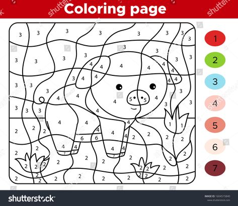 Educational coloring page by numbers. Cute kawaii farm character - pig with flower. Preschool worksheet activity page. #Ad , #Aff, #numbers#Cute#kawaii#Educational Pig Worksheets Preschool, Flower Preschool, Color By Number For Kids, Animals In The Bible, Number For Kids, Farm Week, Three Little Pig, Color By Number Printable, Pig Crafts