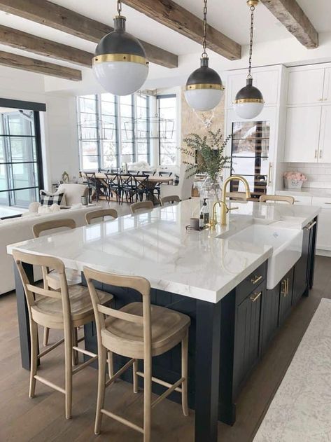 Farm Sink Island, Cabinets.com Kitchens, White Kitchen With Big Island, Large Dome Pendant Lights Over Kitchen Island, Homey Kitchen Modern, Kitchens With Blue Islands And White Cabinets, Timeless Farmhouse Style, Wide Island Kitchen, Large Eat In Kitchen Island