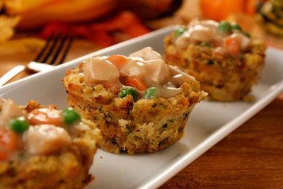 Turkey Muffin Cups | MrFood.com Turkey Muffins, Muffin Meals, Muffin Cups Recipes, Chicken Stuffing Casserole, Dinner Pies, Holiday Leftovers, Muffin Cup, Turkey Casserole, Turkey Pot Pie