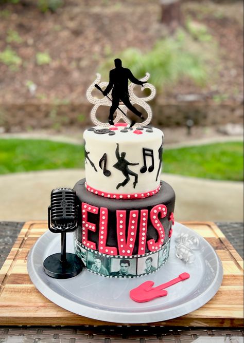 Fondant, Elvis, two tiers, cake, popular cakes Elvis Cakes Ideas, Elvis Themed Cake, Elvis Presley Party Theme, Elvis Themed Birthday Cake, Elvis Presley Themed Birthday Party, Elvis Presley Cake Design, Elvis Themed Wedding, Elvis Presley Cake Ideas, Elvis Presley Party Ideas