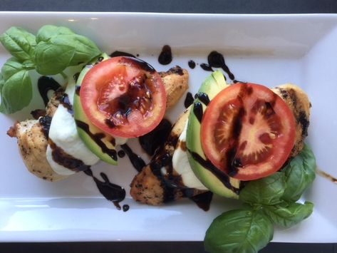 California Grilled Chicken - Home Made Tomato Mozzarella Basil, Chicken Home, Mozzarella Chicken, Avocado Slices, Sliced Tomato, Balsamic Glaze, Tomato Basil, Main Event, Boneless Skinless Chicken Breast