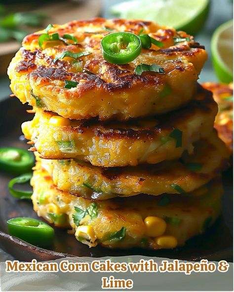 Mexican Corn Cakes with Jalapeño & Lime  Ingredients: 1 cup cornmeal 1 cup all-purpose flour 1/2 cup sugar 1 teaspoon baking powder 1 teaspoon baking soda 1/2 teaspoon salt 1 cup buttermilk 2 large eggs 1/4 cup melted butter 1/2 cup corn kernels (fresh or frozen) 1/4 cup finely chopped jalapeño 2 tablespoons lime juice 1 teaspoon lime zest Directions: In a large bowl, mix together cornmeal, flour, sugar, baking powder, baking soda, and salt. In another bowl, whisk buttermilk, eggs, and melted butter until well combined. Gradually add the wet ingredients to the dry ingredients, stirring until just combined. Fold in corn kernels, chopped jalapeño, lime juice, and lime zest. Heat a griddle or skillet over medium heat and lightly grease it. Pour 1/4 cup of batter onto the griddle for each corn Mexican Corn Cakes With Jalapeno & Lime, Mexican Corn Cake, Yay Recipes, Mexican Corn Cakes, Cranberry Orange Cookies, Meatless Mains, Cornbread Recipes, Corn Cake, Griddle Cakes