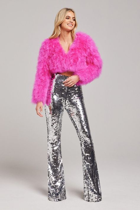 Rose Gold Sequin Jumpsuit, Silver Trousers, Hot Pink Jacket, Black Sequin Jumpsuit, Nadine Merabi, Gold Jumpsuit, Silver Outfits, Chic Clothing Style, Silver Pants