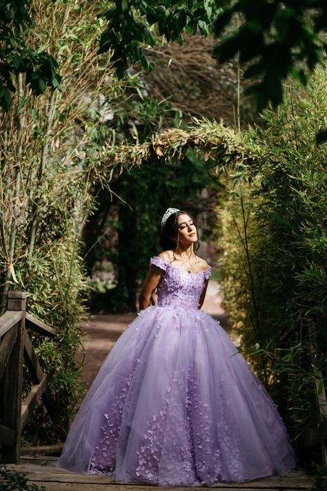 Enchanted Forest Quince, Butterfly Quince Dress, Garden Quince, Forest With Butterflies, Butterfly Quince Theme, Tangled Quince, Purple Butterfly Dress, Purple Quince Dress, Forest Quince