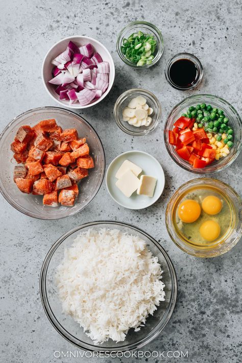 Salmon fried rice is a delicious one-pan meal that you can quickly whip together using a few pantry ingredients. The juicy salmon, tender eggs, crisp veggies and buttery rice all work together to create a satisfying and healthy meal for your weekday dinner. {Gluten-Free Adaptable} Salmon Fried, Salmon Fried Rice, Buttery Rice, Weekday Dinner, Pantry Ingredients, One Pan Meals, Weaning, Fried Rice, Pantry