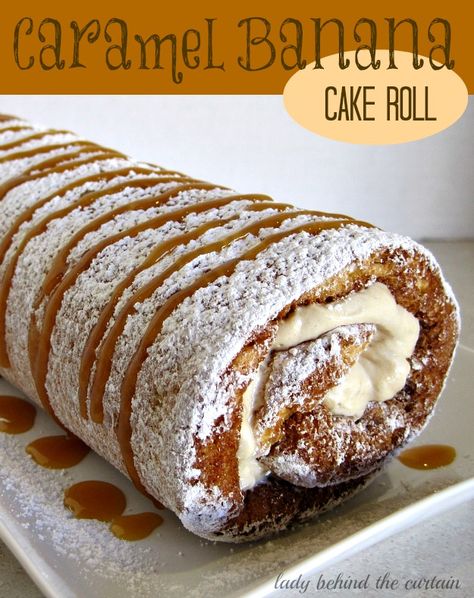 Caramel Banana Cake Roll recipe from Lady Behind the Curtain!! So much easier to make than what most people think!! Give it a go!! You can do it!! Banana Cake Roll, Caramel Banana Cake, Cake Roll Recipes, Roll Cake, Think Food, Pastry Shop, Banana Recipes, Challah, Cake Roll