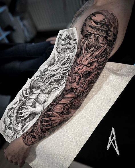 Dragon Tattoo Chest, Samurai Tattoo Sleeve, Dragon Tattoo Arm, Japanese Tattoos For Men, Left Arm Tattoos, Dragon Tattoos For Men, Dragon Sleeve, Last Kingdom, Small Forearm Tattoos