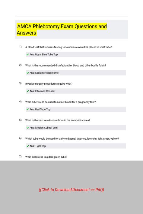 AMCA Phlebotomy Exam Questions and Answers 
 Follow Link above to Download the document (pdf) Informed Consent, Student Hacks, Phlebotomy, Pregnancy Test, Blood Test, Questions And Answers, Question And Answer, Serum