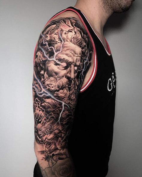 Zues Tattoo Shoulder, Posiden Tattoo Trident, Posiden Tattoo Forearm, Zeus Shoulder Tattoo, Greek Mythology Tattoos Men, Zues Tattoo Mythology, Shoulder Tattoo Men Ideas, Hades Tattoo, Tattoo Perna