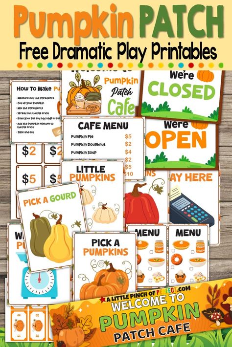 Pumpkin Dramatic Play Preschool, Free Dramatic Play Printables, Dramatic Play Printables Free, Pumpkin Patch Dramatic Play, October Homeschool, Dramatic Play Centers Preschool, Pumpkin Activities Preschool, Independent Play Activities, Dramatic Play Activities