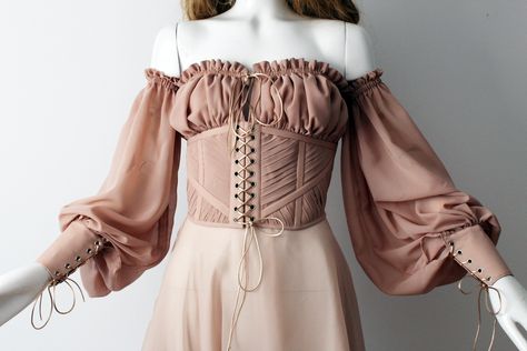 Different Types Of Sleeves, Top With Puff Sleeves, Off The Shoulder Sleeves, Waist Corset, Lace Corset Top, Lace Corset, Fabric Covered Button, Chiffon Lace, Silk Chiffon