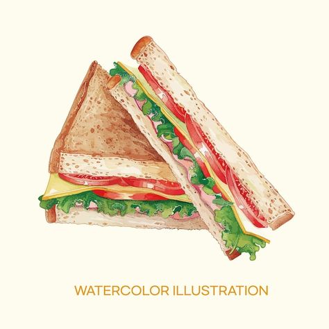 A picture of a sandwich with the word wa... | Premium Vector #Freepik #vector #sandwich #sandwiches #food-illustration #watercolor-design Watercolor Sandwich, Sandwich Sketch, Sandwich Illustration, Sandwich Drawing, Sandwich Pictures, Cafe Website, Watercolor Food Illustration, Girly Graphics, Sandwich Ingredients