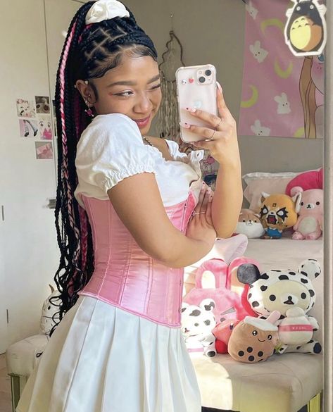 Kawaii Box Braids Hairstyles, Kawaii Box Braids, Coquette Box Braids, Kawaii Braids, Braid Hair Ideas, Aesthetic Braids, 4c Natural Hairstyles Short, Pink Braids, Cute Natural Hairstyles