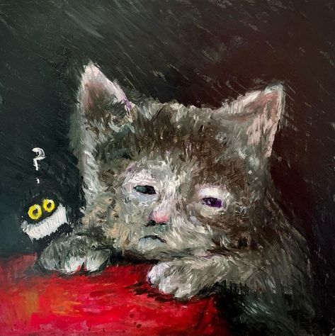 Vanessa Stockard on Instagram: “anyone know the artist of the original ugly medieval cat painting ? Kevin doesn’t know. I’m not sure what I’ve been looking at.…” Cat Painting Black, Medieval Cat, Vanessa Stockard, Kevin Quinn, Cat Art Painting, Drawing Canvas, Black Cat Painting, Racun Shopee, Black Cat Art