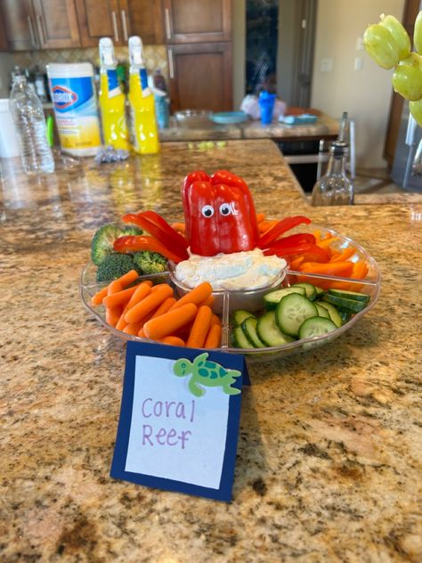 Octopus Veggie Tray, Under The Sea Vegetable Tray, Under The Sea Fruit Tray, Baby Shark Birthday Party Girl Food, Under The Sea Birthday Party Food, Sea Birthday Party Food, Ocean Themed Food, Under The Sea Party Food, Queer Prom