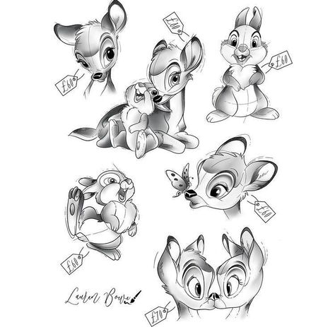 Disney Animal Tattoos, Disney Flashsheets Tattoo, Thumper Tattoo, Drawing Ideas Disney, Disney Characters Tattoos, Bambi Tattoo, Tattoos Cartoon, Disney Stitch Tattoo, Amazing Drawing Ideas