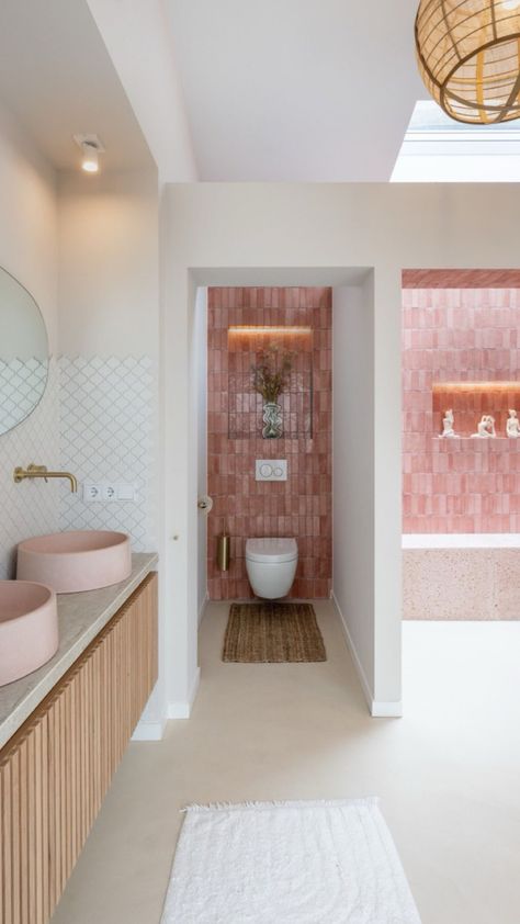 Pink And Wood Bathroom, Pink Downstairs Toilet, Mediterranean Interior, Bathroom Inspiration Decor, Dream House Rooms, Pink Bathroom, Dream House Interior, Bathroom Inspo, Dream House Plans