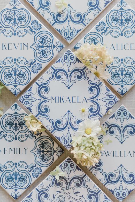 Tile Name Cards Wedding, Mediterranean Themed Wedding, Portugal Wedding Ideas, Mediterranean Wedding Decor, Tile Place Cards, Amalfi Style, Creative Place Cards Wedding, Portuguese Wedding, Place Card Ideas