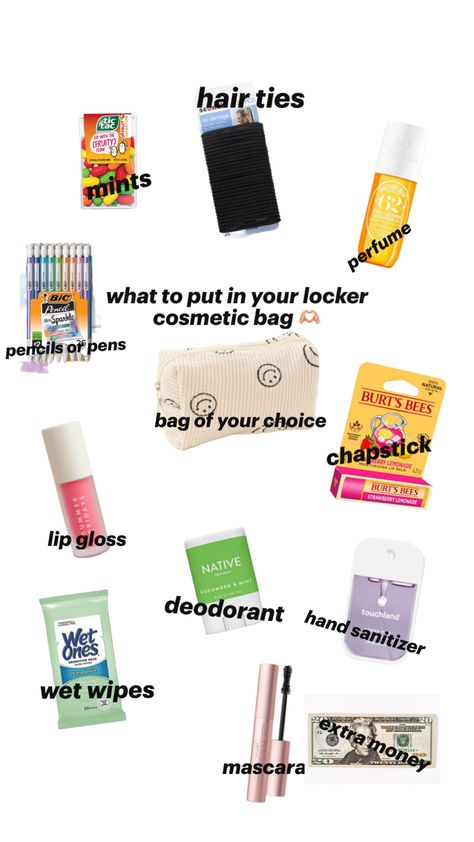 what to put in your school locker bag ( basics ) Native Deodorant, School Locker, Travel Bag Essentials, School Lockers, Summer Glow, Strawberry Lemonade, Wet Wipe, Hand Sanitizer, Hair Ties