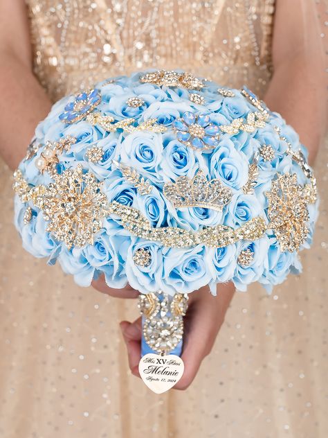 Light Blue Gold quinceanera bouquet 13 inches Baby Blue Quince Decorations, Sky Blue Quinceanera Theme, Gold Quinceanera Bouquet, Light Blue Quinceanera Ideas, Cinderella Bouquet, Blue Gold Quinceanera, Baby Blue Quince, Blue Quinceanera Ideas, Quince Bouquet