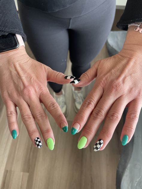 Fun But Simple Nails, Multi Pattern Nails, Bright Checkered Nails, Spring Transition Nails, Fun Checkered Nails, Spring Funky Nails, Spring Checkered Nails, Cool Funky Nails, Checkered Valentines Nails