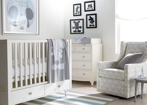 Oh Baby Nursery | Ethan Allen Disney | Ethan Allen Mickey Nursery, Nursery Disney, Disney Baby Rooms, Mickey Mouse Nursery, Mouse Nursery, Boy Nursery Colors, Baby Boy Nursery Colors, Contemporary Nursery, Trendy Baby Nursery