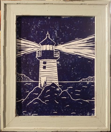 Lino Lighthouse, Art Deco Linocut, Water Linocut, Lighthouse Linocut, Linocut Ocean, Lino Print Ideas Easy, Printmaking Flowers, Linocut Prints Ideas Simple, Linocut Prints Simple