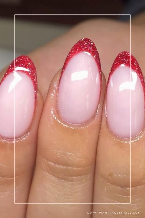 red glitter french tip nails designs Sparkle Red French Tip Nails, Red French Sparkle Nails, Prom Red Dress Nails, Hoco Nails To Match A Red Dress, Raspberry French Tip Nails, Hoco Nails To Go With A Red Dress, Red French Nails With Glitter, Nail Designs Glitter French Tips, Sparkly Red French Tip Nails Almond