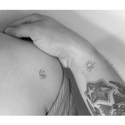 Sun And Moon Tattoo For Couples, Matching Ocean Tattoos Couples, Couples Wave Tattoo, Cute Matching Tattoos For Couples Love, Sum And Moon Tattoo Matching, Sun Moon Couples Tattoo, Ocean Couple Tattoos, Moon And Sun Couple Tattoo, Holiday Matching Tattoos