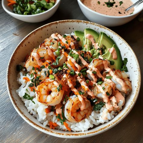 "Savor Shrimp Rice Bowls with Spicy Mayo, a deliciously balanced meal packed with fresh flavors and a kick of heat!" Spicy Shrimp Rice Bowl, Shrimp Bowls With Spicy Mayo, Shrimp Bowl, Shrimp Rice, Shrimp And Rice, Spicy Mayo, Pescatarian Recipes, Rice Bowls, Food To Make