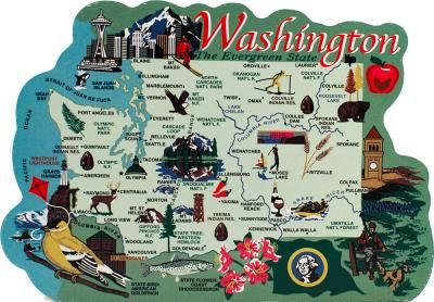 Handcrafted wooden map of Washington State with significant points of interest created by The Cat's Meow Village Washington State Map, State Project, State Flowers, Washington Map, Map Ideas, Evergreen State, Port Angeles, Wooden Map, North Cascades