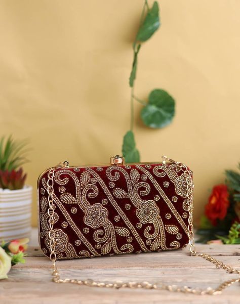 Embroidered Clutch Purse, Wedding Evening Party, Expensive Bag, Embroidered Clutch, Embroidered Velvet, Royal Look, Maroon Red, Gold Embroidery, The Velvet