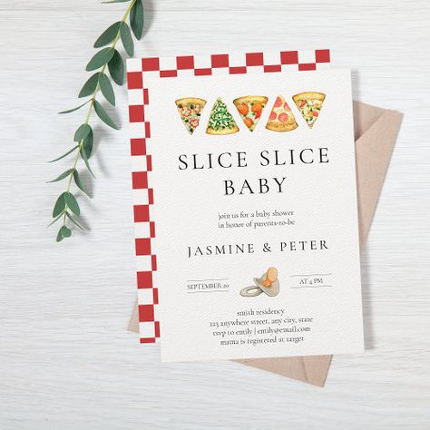 Family Baby Shower Invitations, Italian Themed Nursery, Pizza Theme Baby Shower Ideas, Pizza And Pacifiers, Slice Slice Baby Shower Decor, Slice Slice Baby Pizza Party, Pizza Baby Shower Ideas, Italian Baby Shower Theme, Slice Slice Baby