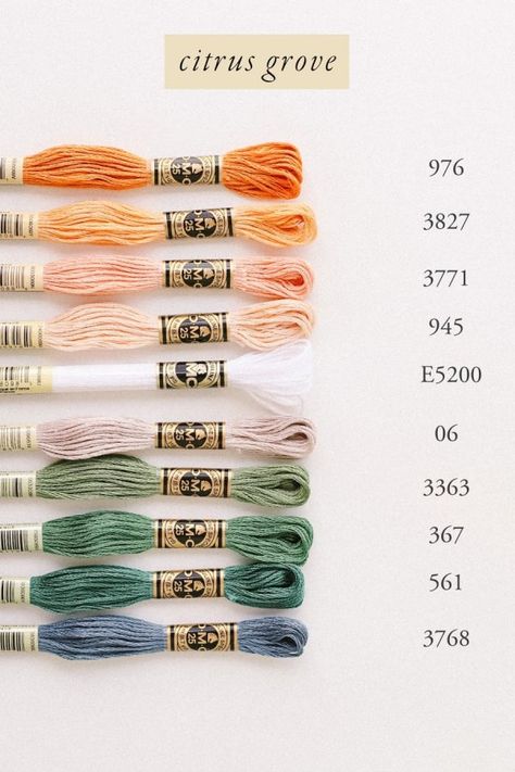 Thread Club July 2023 Citrus Grove Dmc Floss Chart Color Palettes, Dmc Embroidery Floss Color Palettes, Bf Bracelets, Dmc Color Palette, Jennifer Clouston, Stitch Palettes, Diy Embroidery Thread, Dmc Palette, Dmc Floss Chart