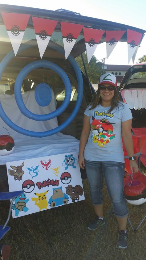 Trunk or treat...Pokémon style! I used hula hoops, pool noodles, and a Frisbee to make the poke stop. Pokemon Halloween Trunk Or Treat, Trunk Or Treat Pokemon Ideas, Pokemon Trunk Or Treat Ideas For Cars, Sonic Trunk Or Treat, Trunk Or Treat Pokemon, Pokemon Halloween Decorations, Pokémon Trunk Or Treat, Pokemon Trunk Or Treat Ideas, Trunker Treat Ideas