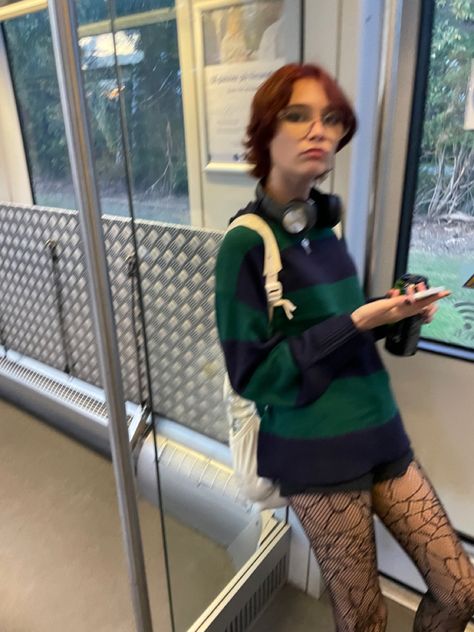 Green Tate Sweater, Spiderweb Tights Outfit, Spiderweb Tights, Net Tights, Tights Outfit, Green Sweater, Striped Sweater, Green And Blue, Striped Pants