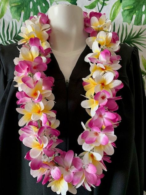 "Premium Artificial Flower Lei Description: This beautiful and real looking lei is made of Plumeria flowers with delicate accents of Gypsophila (Baby's Breath) in between the flower petals.  Created to look like a real fresh flower lei.  The flowers are made of  a Silk fabric and have a plastic white base.  Vibrant and festive colors perfect for Graduations, Weddings, Birthdays and any celebrations. Measurements: This beautiful lei measures approximately 40\" inches in length  Color:  Purple , Y Aesthetic Bowls, Fresh Flower Lei, Lei Stand, Lei Graduation, Wedding Lei, Graduation Flowers, Corn Pasta, Pearl Tea, Flower Lei