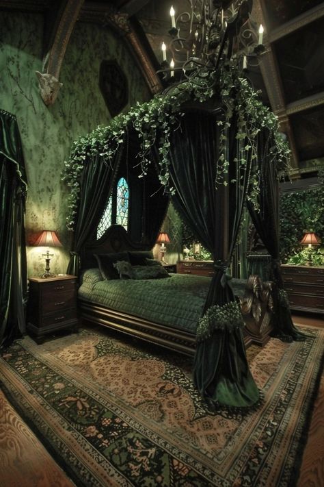 14 Gothic Bedroom Interior Ideas To Fuel Your Dreams! - My Decor Inspo Gothic Victorian House Interior, Gothic Canopy Bed, Gothic Bedrooms, Gothic Bedroom Ideas, Gothic Victorian House, Bedroom Interior Ideas, Gothic Interior Design, Victorian Gothic Decor, Castle Bedroom