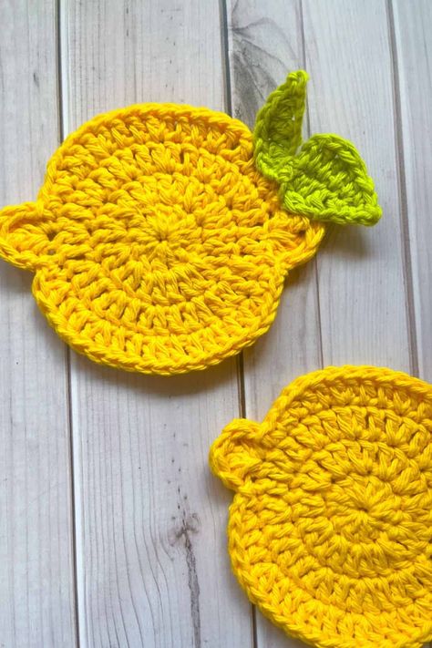 Crochet Lemon Coaster Pattern - thecaffeinatedsnail.com Lemon Coaster, Crochet Booth, Backpack Patterns, Crochet Lemon, Kitchen Crochet, Hemp Yarn, Coaster Pattern, Crochet Fruit, Crochet Coaster Pattern