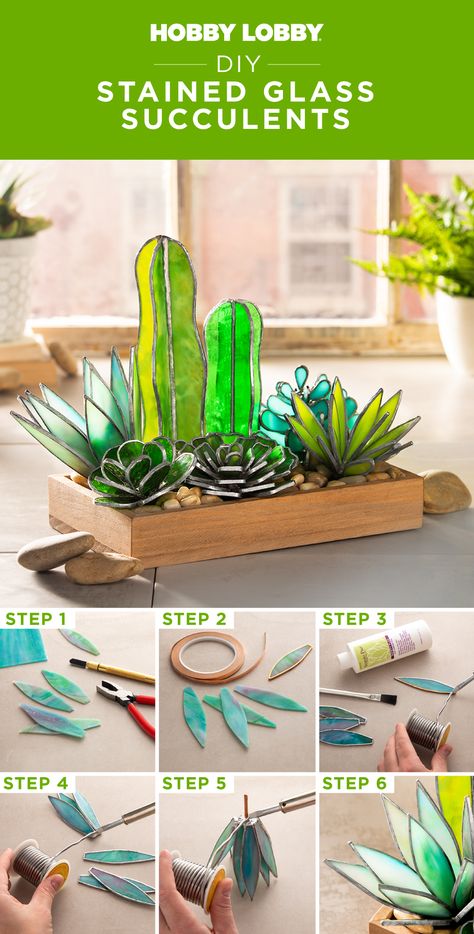 Want a new twist on the succulent trend? DIY a stained glass version of your favorite greenery for a refreshing update. Succulent Stained Glass Art, Cactus Stained Glass Patterns Free, Fused Glass Succulent, Making Stained Glass Art, Plastic Stained Glass Diy, Stained Glass Succulent Patterns Printable Free, Stained Glass Cactus Pattern, Stained Glass Crafts Diy, Making Stained Glass Diy