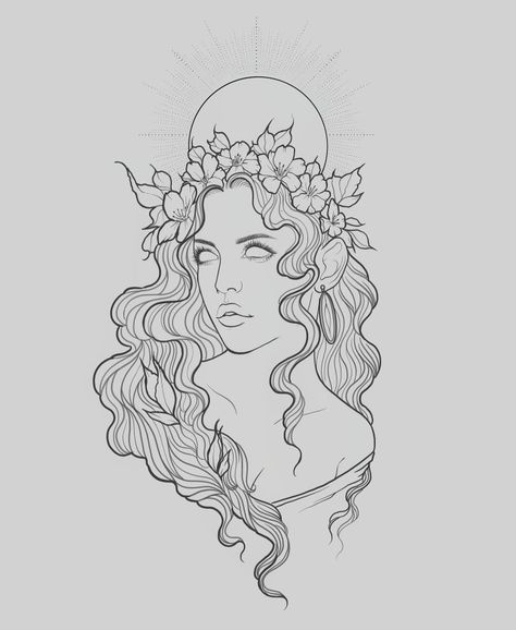 Art by @matzemlya #femaletattoo #tattooart #tattooforwomen #goddesstattoo #goddess #lineart #flowertattoo #tattooideas #girlytattoo Drawing Of A Goddess, Elpis Goddess Tattoo, Goddess Face Drawing, Goddess Tattoo Outline, Greek Goddess Sketch, Greek Goddess Art Drawing, Greek Goddess Drawing, Sun Goddess Tattoo, Female Goddess Tattoo