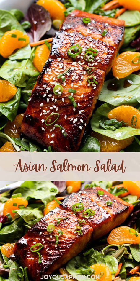 Salmon Salad - yummy and healthy salad recipe with marinated salmon makes a delicious light dinner meal! Spinach, mandarin oranges and carrots tossed in a homemade Ginger Soy Dressing topped with salmon fish. A great seafood option! Salmon Salad Dressing Vinaigrette Recipe, Salmon Over Salad, Salad With Seafood Dinner, Salmon Salad Dressing Recipes, Salmon And Slaw, Salmon In Salad, Salmon With Carrots, Citrus Salmon Salad, Salad To Pair With Salmon