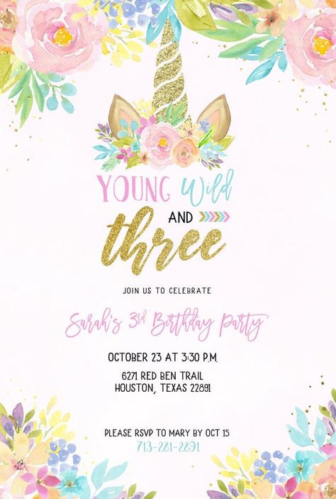 Young Wild and Three invite unicorn birthday invite third | Etsy Wild And Three Birthday Girl, Young Wild And Three Birthday, Third Birthday Girl, Third Birthday Invitations, Young Wild And Three, Unicorn Themed Birthday Party, Rainbow Unicorn Birthday, Third Birthday Party, Unicorn Birthday Invitations