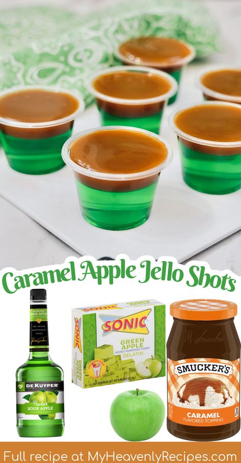 Caramel Apple Jello Shots- fun fall jello shots using pucker. Apple flavor jello shots. Caramel fall party idea. Easy delicious sonic jello shots. Caramel Apple Jello Shots, Apple Jello Shots, Shots Alcohol Recipes, Jello Pudding Shots, Caramel Vodka, Fun Drinks Alcohol, Pudding Shots, Fall Cocktails Recipes, Jello Shot Recipes