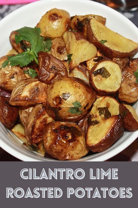 Simple to make and loaded with flavor, these Cilantro and Lime Roasted Potatoes are everyone's favorite side dish! Lime Potatoes, Sunday Roast Dinner, Outdoor Cooking Recipes, Clean Eating Vegetarian, Vegetarian Sides, Vegetarian Side Dishes, Vegetarian Main Dishes, Allergy Free Recipes, Roast Dinner