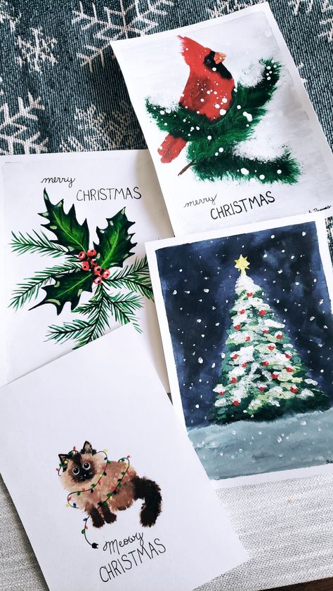 Acrylic Christmas card paintings. Christmas Card Acrylic, Cat Christmas Cards, Cardinal Painting, Painted Christmas Cards, Christmas Tree Painting, Christmas Card Art, Ragdoll Cat, Christmas Holly, Christmas Market