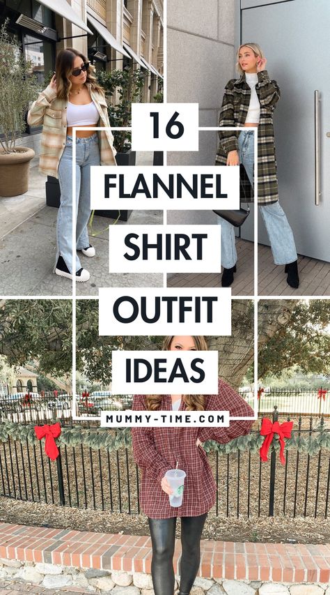 Looking to spice up your wardrobe? 💕🧥 Check out our flannel shirt outfit ideas for women! From relaxed weekend looks to polished office attire, find the perfect way to style your favorite flannel. Don’t forget to save this pin for endless outfit inspiration! 📌✨ Womens Fall Flannel Outfits, Boho Flannel Outfits, Pink Flannel Shirt Outfit, Holiday Flannel Outfit, Tying Flannel Shirt, Long Plaid Shirt Outfit, Plaid Oversized Shirt Outfit, Turtleneck And Flannel Outfit, Flannel Under Sweater