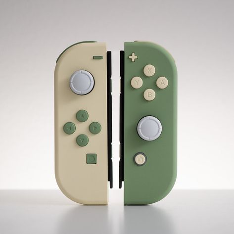 These customized Joy-Cons are a beautiful contrast to each other, with a minimalistic earth-tone twist: Matcha green and cream off-white shells with matching contrasting buttons. They are a beautiful upgrade to your gaming setup and transform your Nintendo Switch into a centerpiece handheld. Did you know that colors ha Nintendo Switch Joycons Pastel, Pretty Nintendo Switch, Custom Switch Joycon, Nintendo Customized, Earth Tone Gaming Setup, Cute Switch Accessories, Switch Customization, Nintendo Switch Setup, Green Nintendo Switch