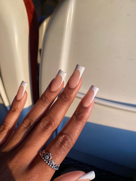 French tips for black girls, nails for black girls, nails in sun, long nails, white nails, peach nails. Black Girls French Tip Nails, Nail Designs For Black Girls Style, White French Tip Nails Black Women, White And Peach Nails, White Long French Tip Nails, French Nails Black Women, French Tips Black Women, French Tip Black Women, Peach French Nails